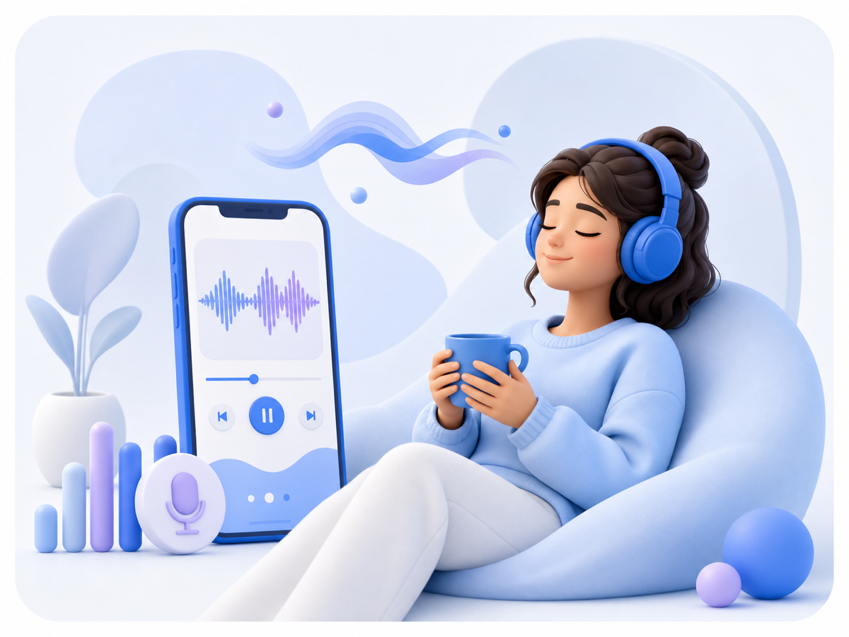 Person relaxing with headphones beside a wellbeing audio app